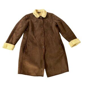 Lands End Midi Winter Coat Brown Faux Sherpa Lining Button Closure Large 14/16